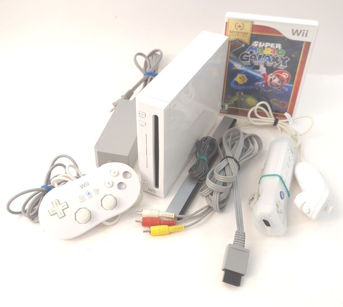 Nintendo Wii White Console Bundle with Super Mario Galaxy - Tested and Working!