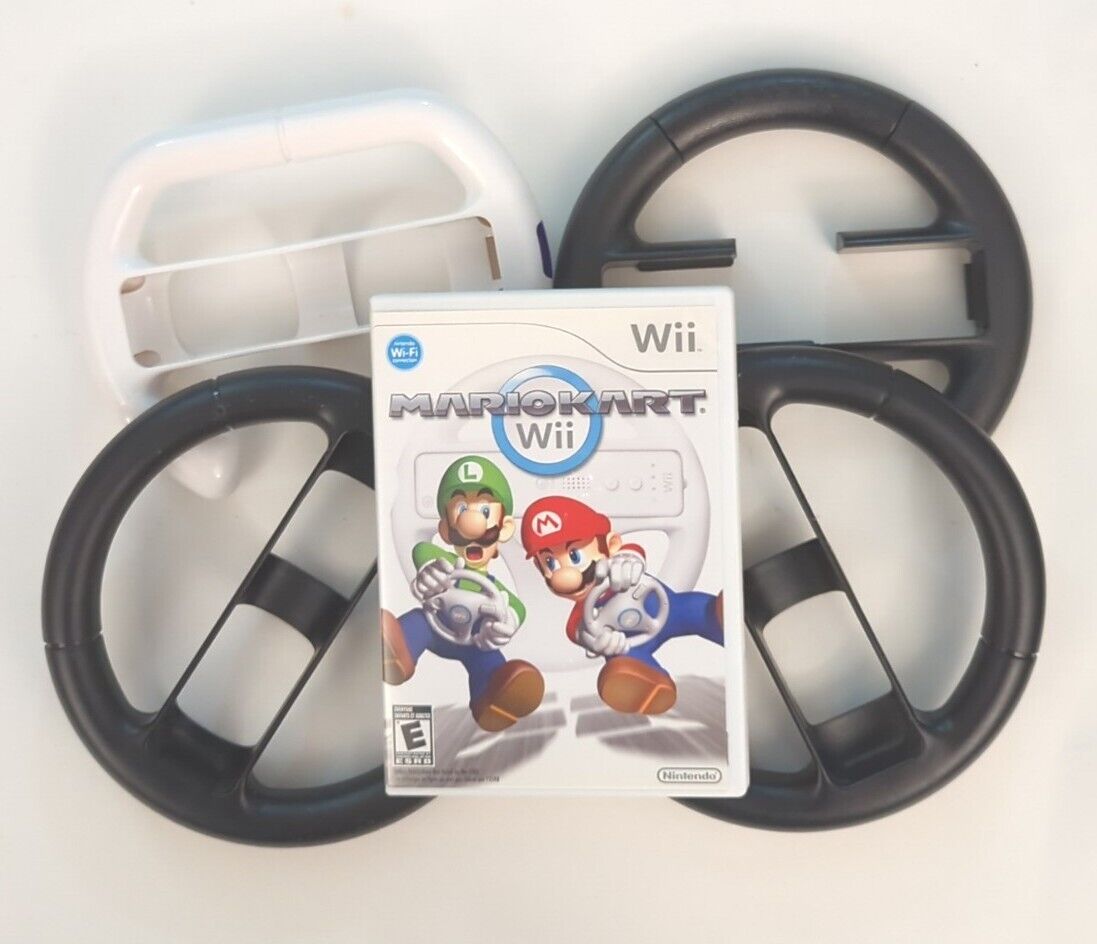 MARIO KART Wii Game Bundle with 4 Steering Wheels - Tested & Works